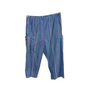 Fresh Produce Capri Pants L Purple Stripes 100% Cotton Pockets Summer Beachy